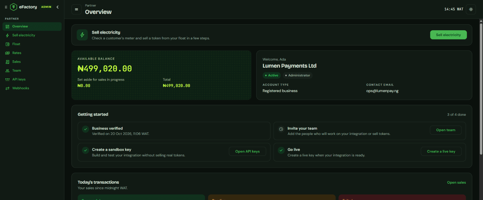 Partner dashboard with available float balance, business details and the go-live checklist
