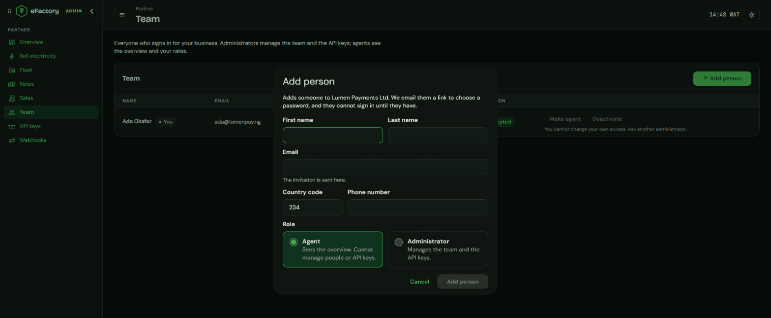 Partner dashboard: Team