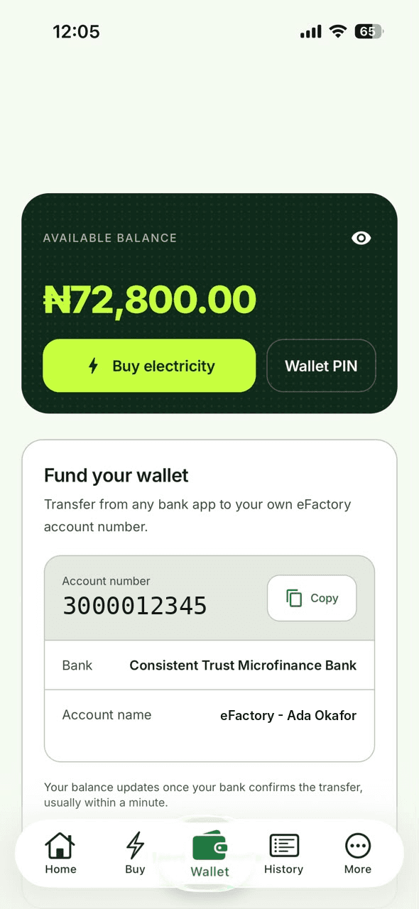eFactory app wallet screen with balance and funding account